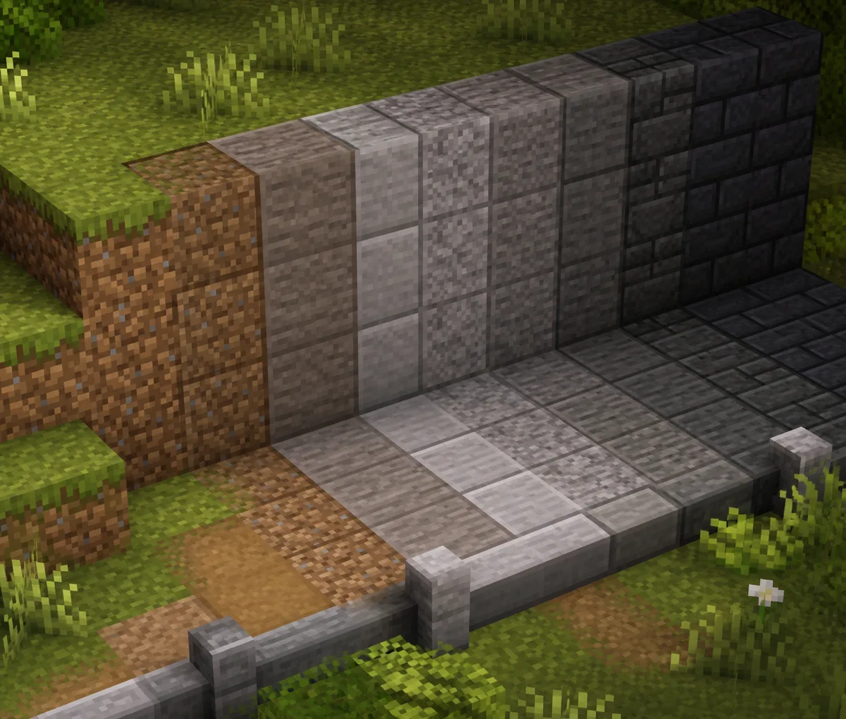 Nicht offizielle redaktionelle Illustration eines Minecraft-Blockverlaufs von Gras und Erde über Stein und Tuff bis Tiefenschiefer