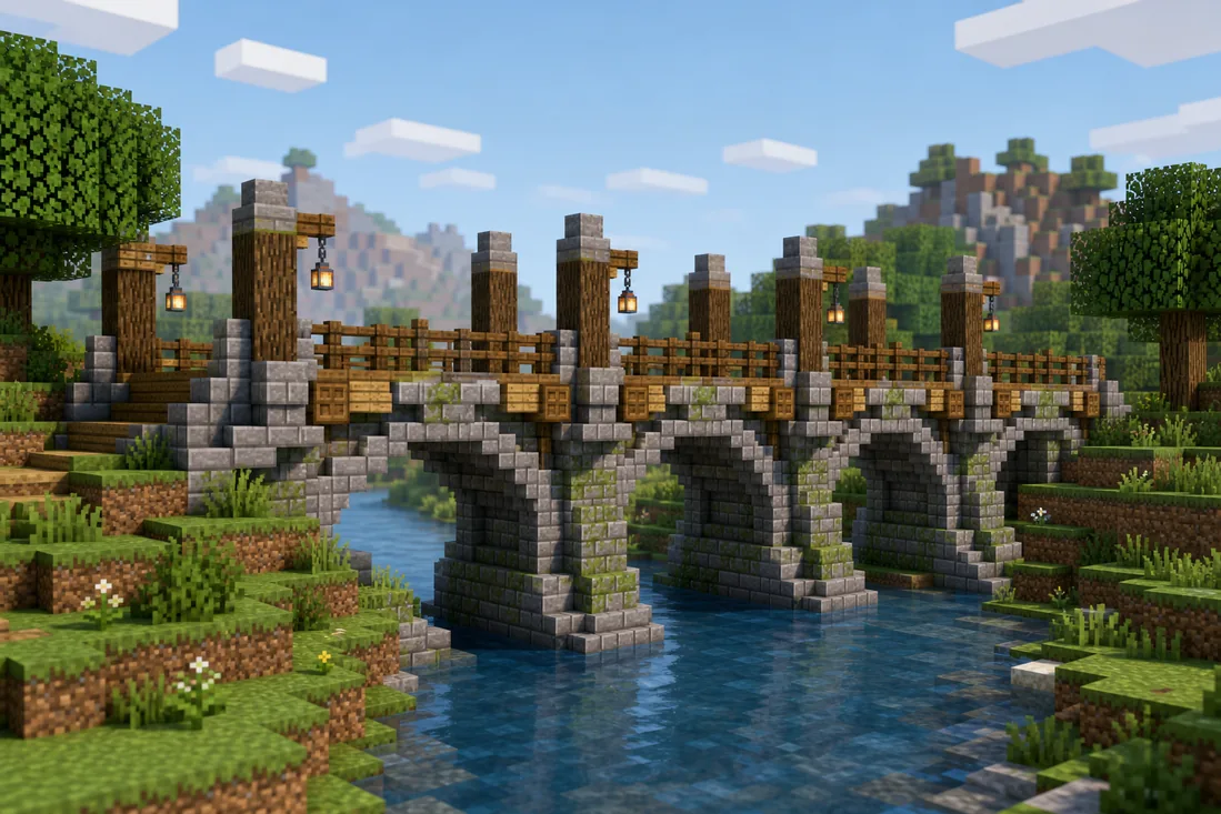 Minecraft-inspired bridge design concept crossing a river with wood deck, stone supports and mossy block transitions