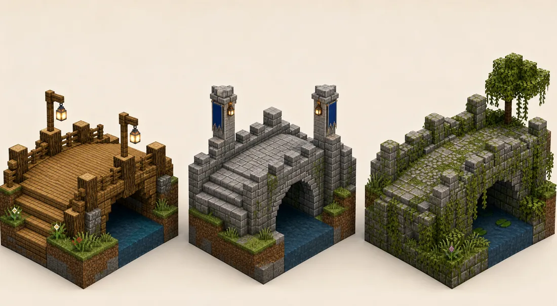 Minecraft bridge palette comparison showing wooden, stone castle and mossy natural bridge material ideas