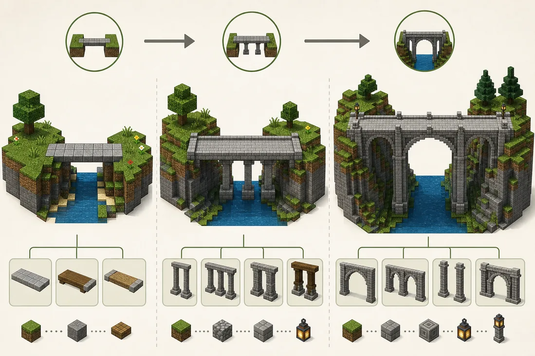 Minecraft bridge support diagram showing short, medium and long spans with deck blocks, posts, arches and pillars