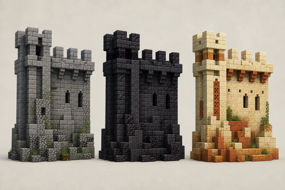 Comparação editorial de paletas de castelo em pedra clássica, ardósia escura e arenito quente