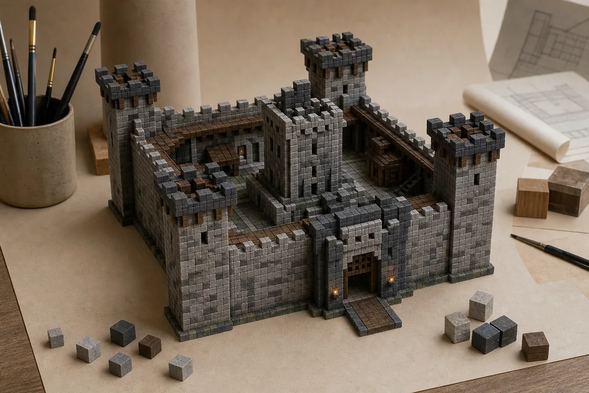 Maquete editorial de castelo do Minecraft com torre central, quatro torres, muralhas e portão