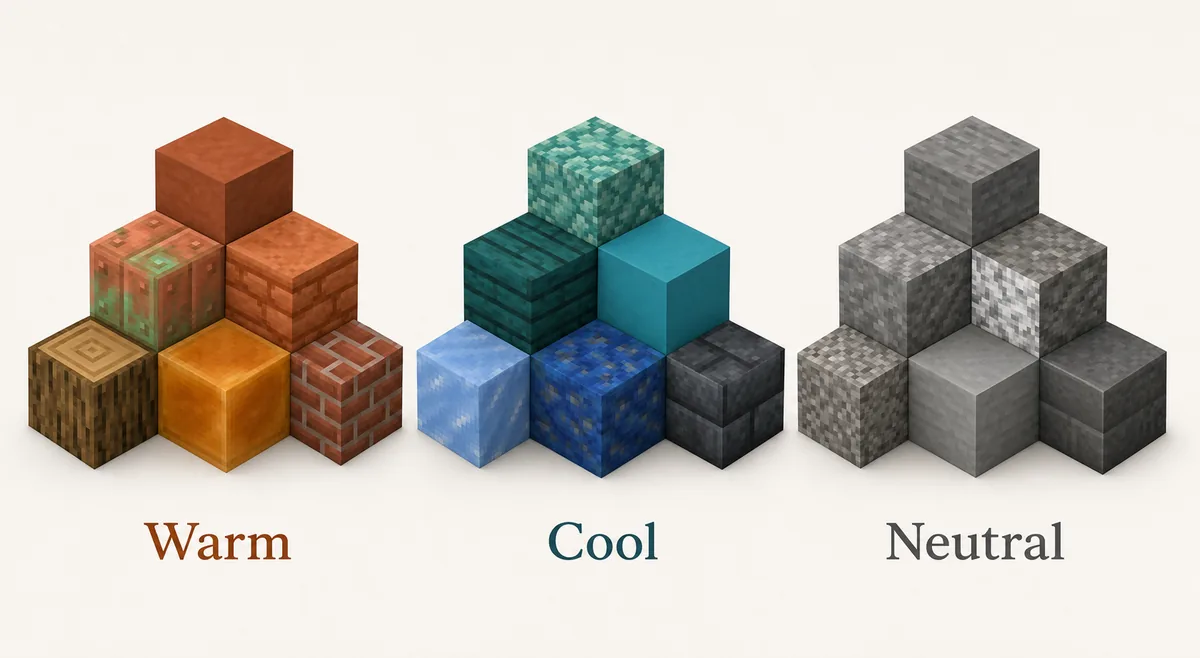 Editorial comparison of warm, cool and neutral Minecraft block color families