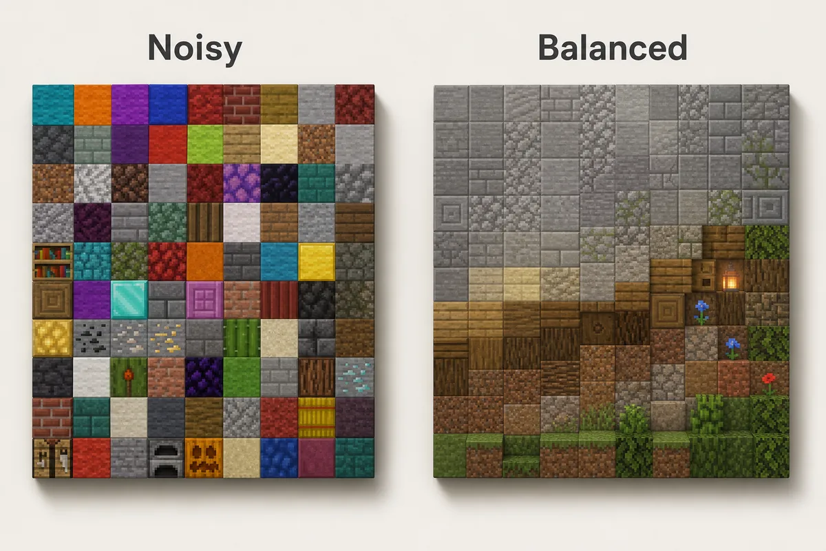 Editorial comparison showing a noisy random Minecraft palette beside a balanced palette with clearer block families