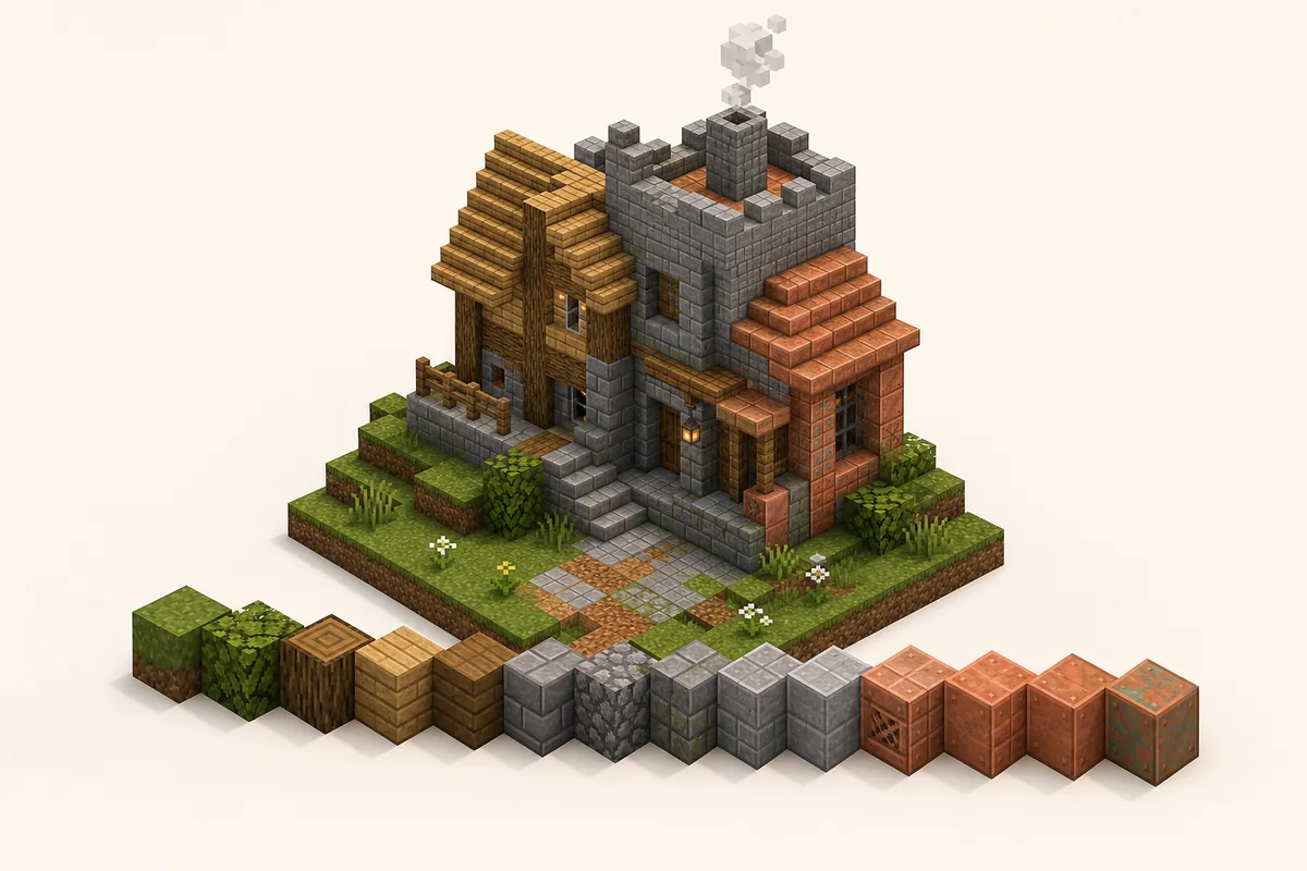 Editorial Minecraft color palette illustration showing grass, wood, stone and copper block families arranged around a small build