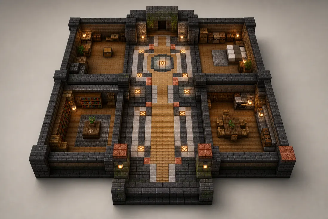 Concept editoriale di un layout di pavimento Minecraft che mostra un percorso centrale, blocchi di bordo, accenti agli angoli e nicchie con illuminazione calda