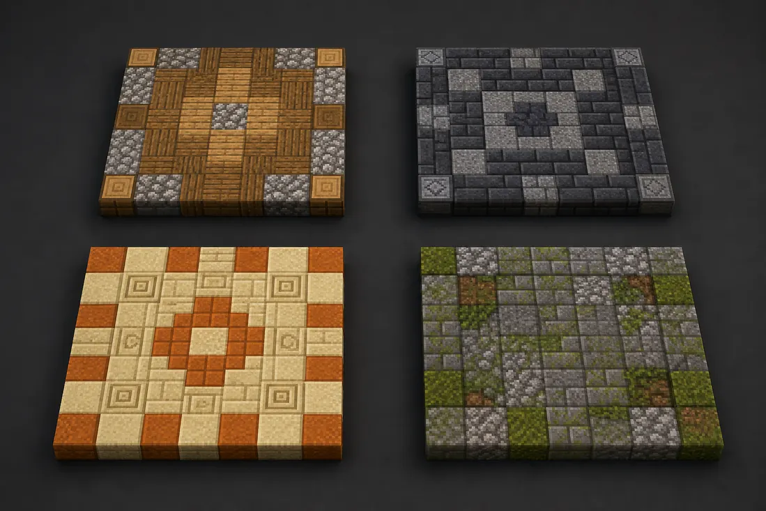 Immagine editoriale che mostra quattro esempi di palette per pavimenti Minecraft per build in legno, castello, deserto e grotta