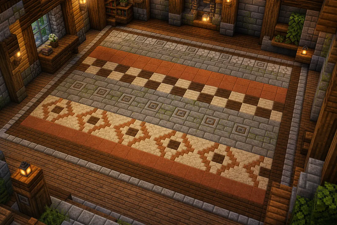 Concept editoriale di un pattern per pavimento Minecraft con blocchi di legno, pietra, terracotta e muschio disposti in una pavimentazione leggibile