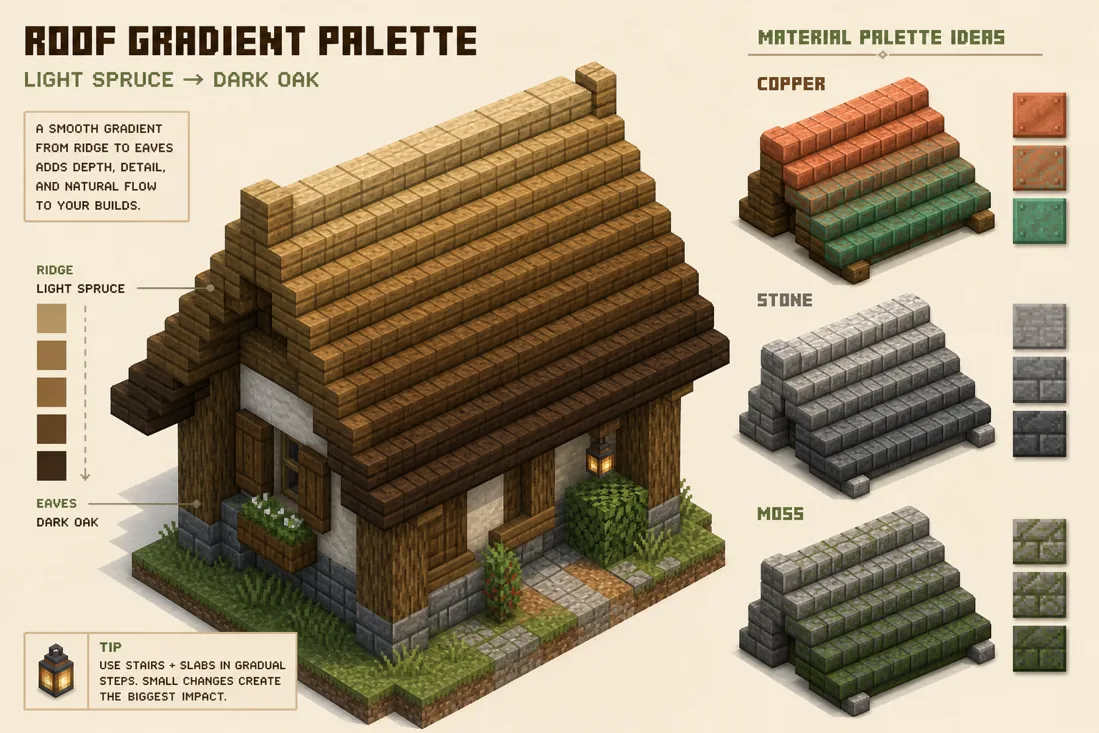 Minecraft roof palette diagram showing smooth gradients from light roof ridges to darker eaves with wood, copper, stone and moss blocks