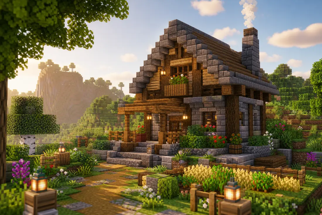 AI-generated editorial concept of a block-built Minecraft-inspired house with a stone foundation, timber frame, garden path and roof