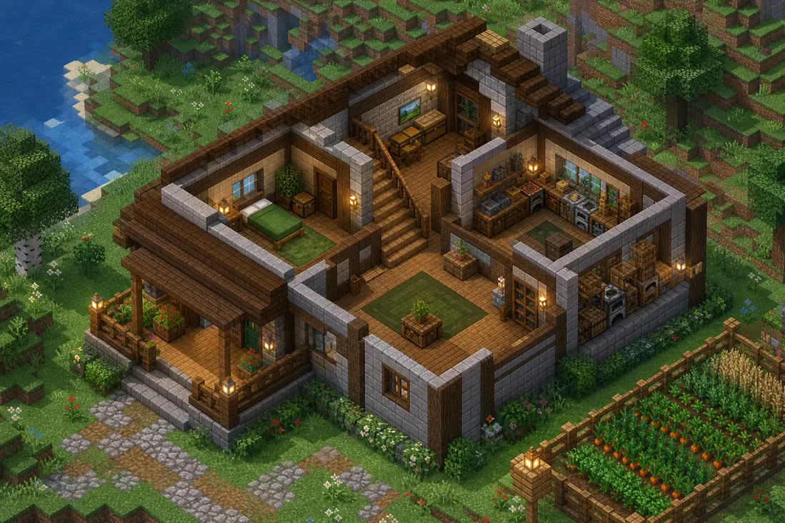AI-generated editorial cutaway showing a Minecraft-inspired house footprint with bedroom, hall, workshop, storage and porch