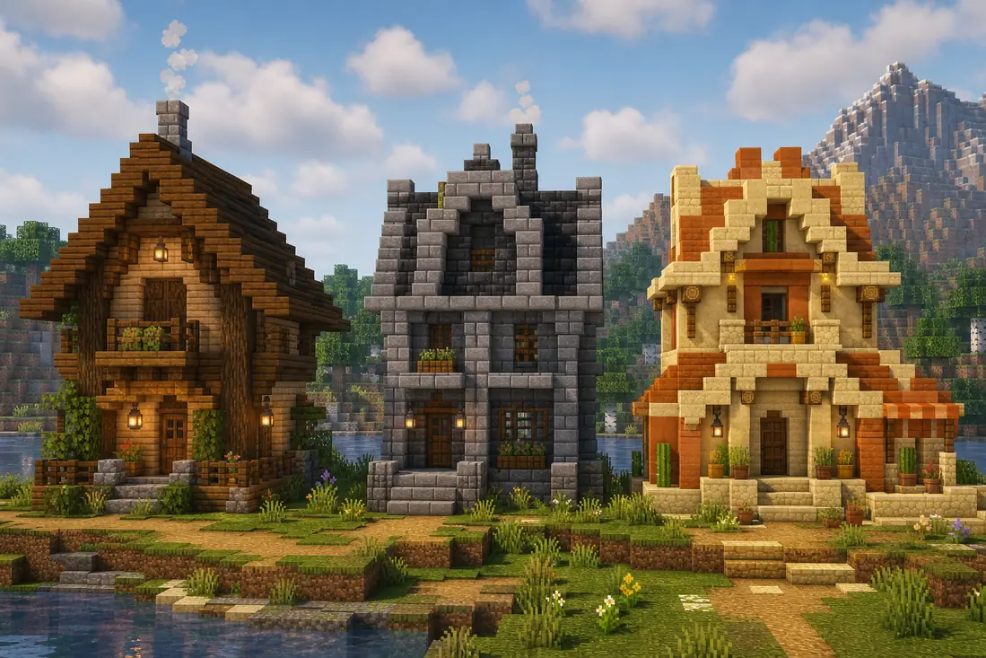 AI-generated editorial comparison of warm wood, cool stone and sandstone Minecraft-inspired house palettes