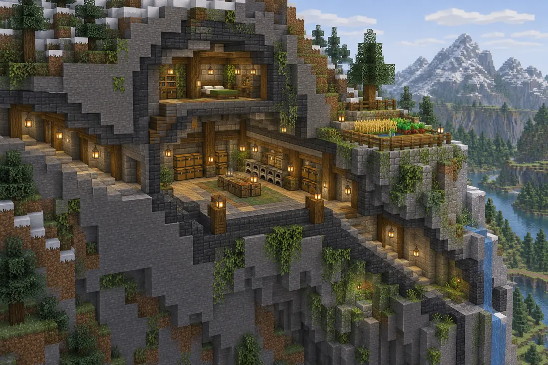 Conceito em corte de uma base na montanha Minecraft com entrada, salão de armazenamento, quarto e terraço agrícola