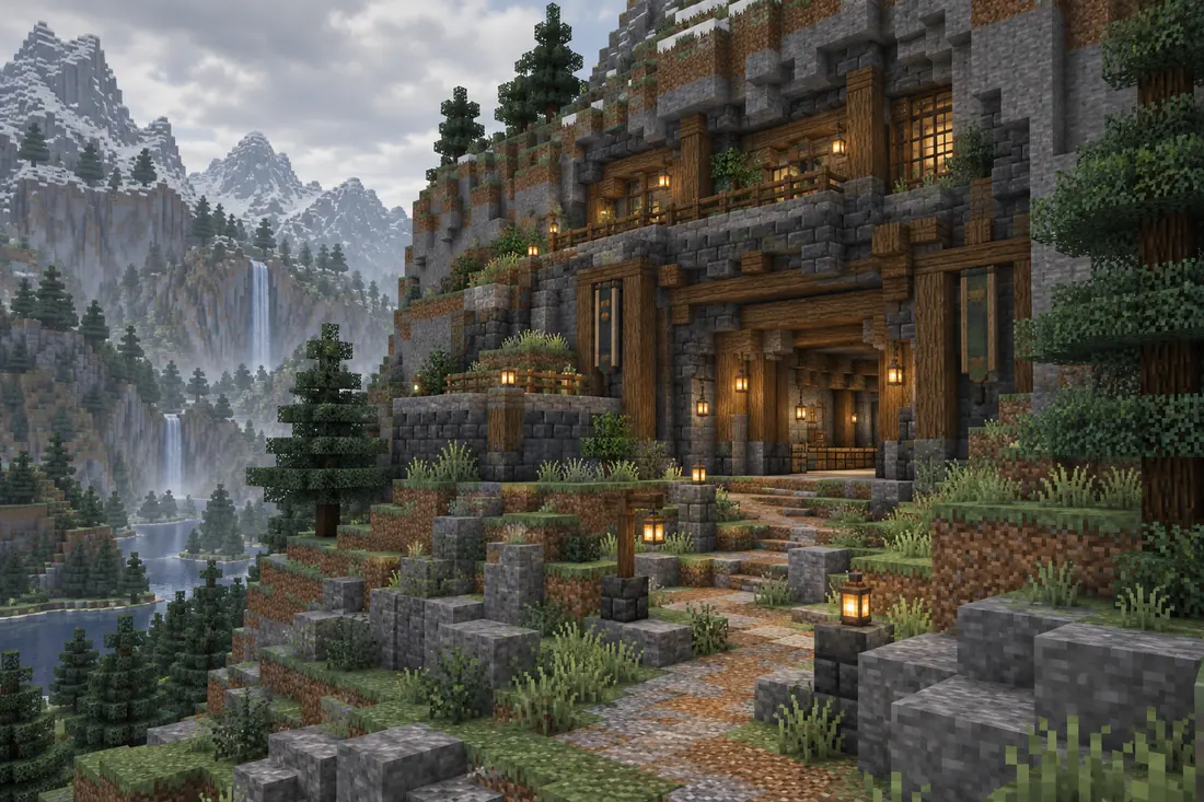 Ilustração conceitual de uma base na montanha Minecraft escavada em uma encosta de pedra e abeto com terraços e lanternas
