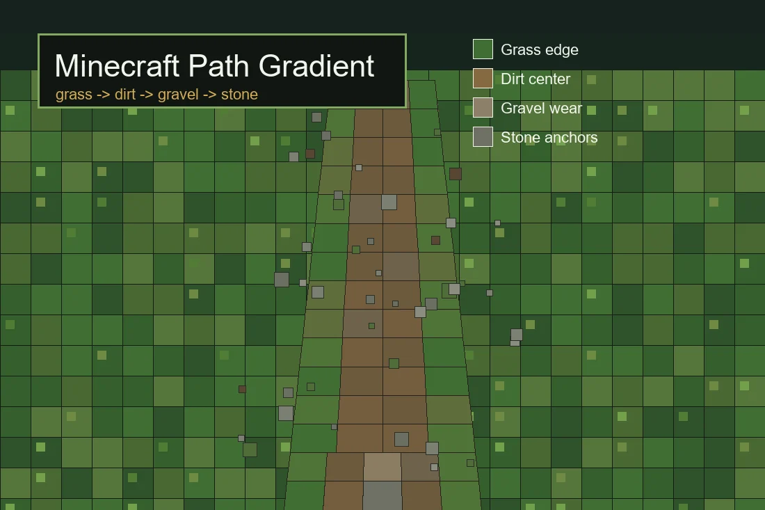 Minecraft path gradient diagram showing grass edges blending into dirt, coarse dirt, gravel and stone along a natural road