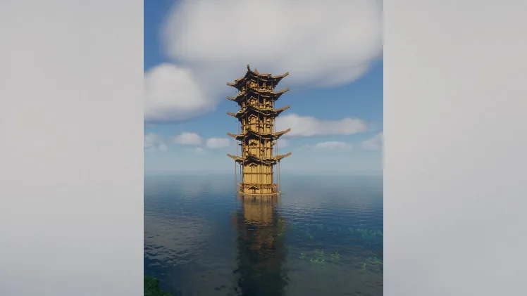Vista ufficiale di una torre Minecraft con fondazioni in pietra, struttura in legno e tetto