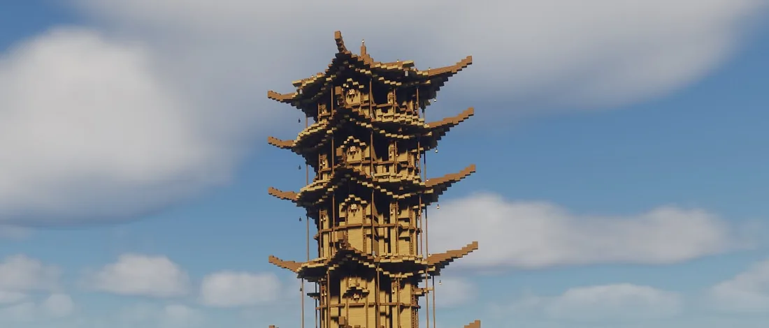 Torre Survival ufficiale di Minecraft con base in pietra, piano in legno e tetto ripido
