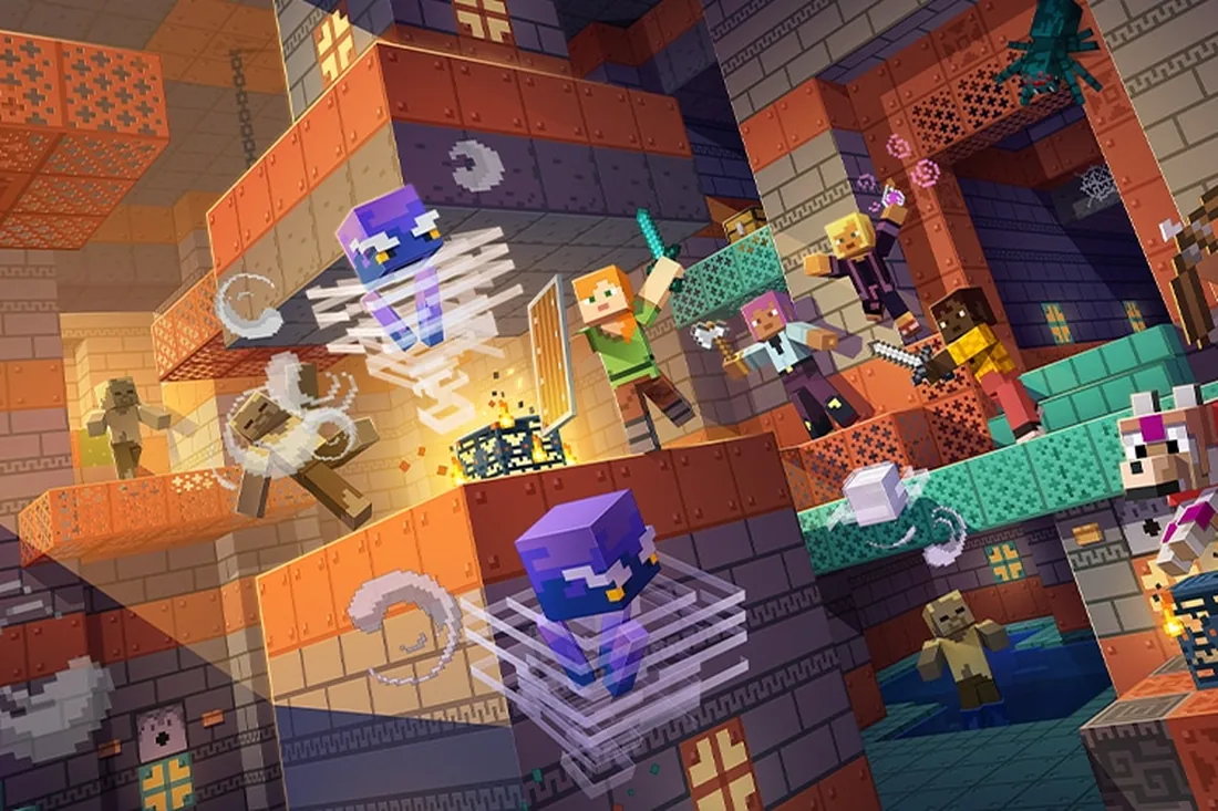 Arte oficial de Tricky Trials com arquitetura de tufo e cobre