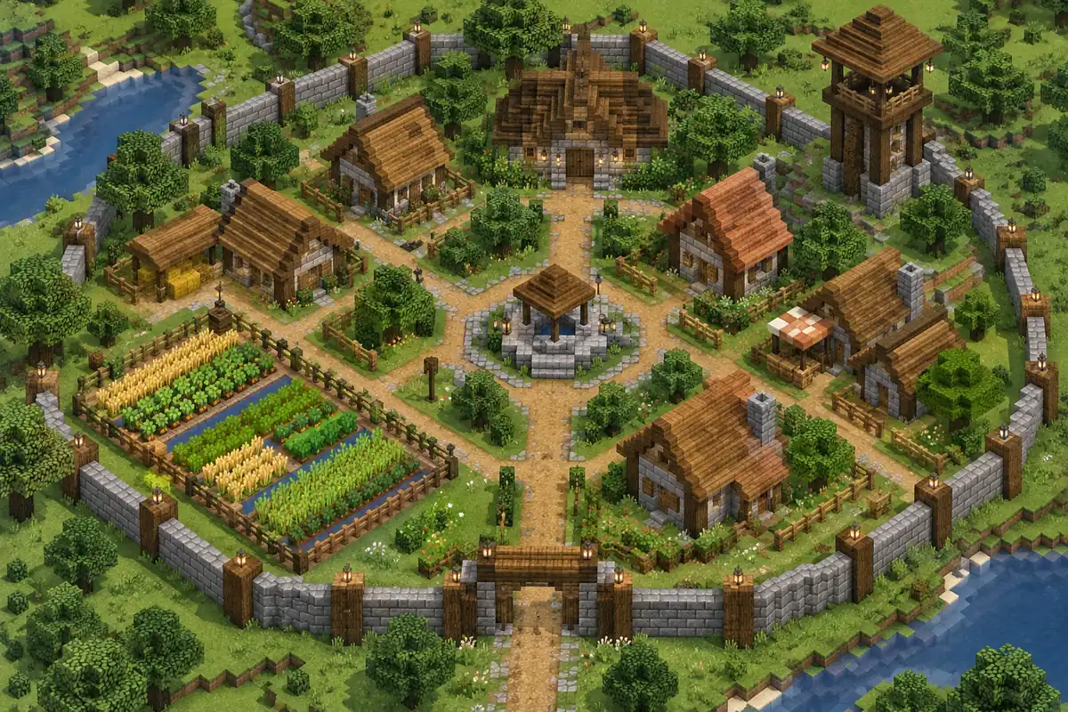 Nicht offizielle Konzeptillustration eines geplanten Minecraft-Dorfs mit Wegen, Feldern, Häusern, Brunnen und Steinmauer