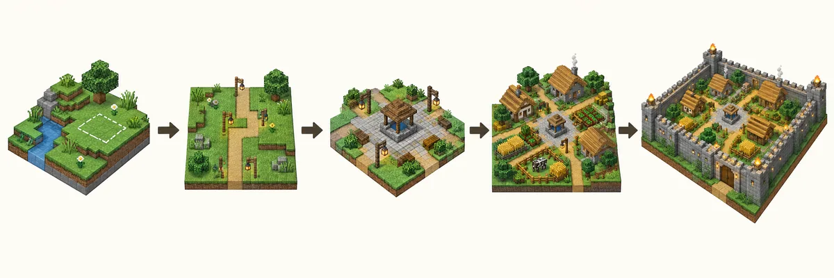 Redaktioneller Ablauf, der ein Minecraft-Dorf vom Gelände über Wege und Zentrum bis zu Bezirken und Grenze zeigt