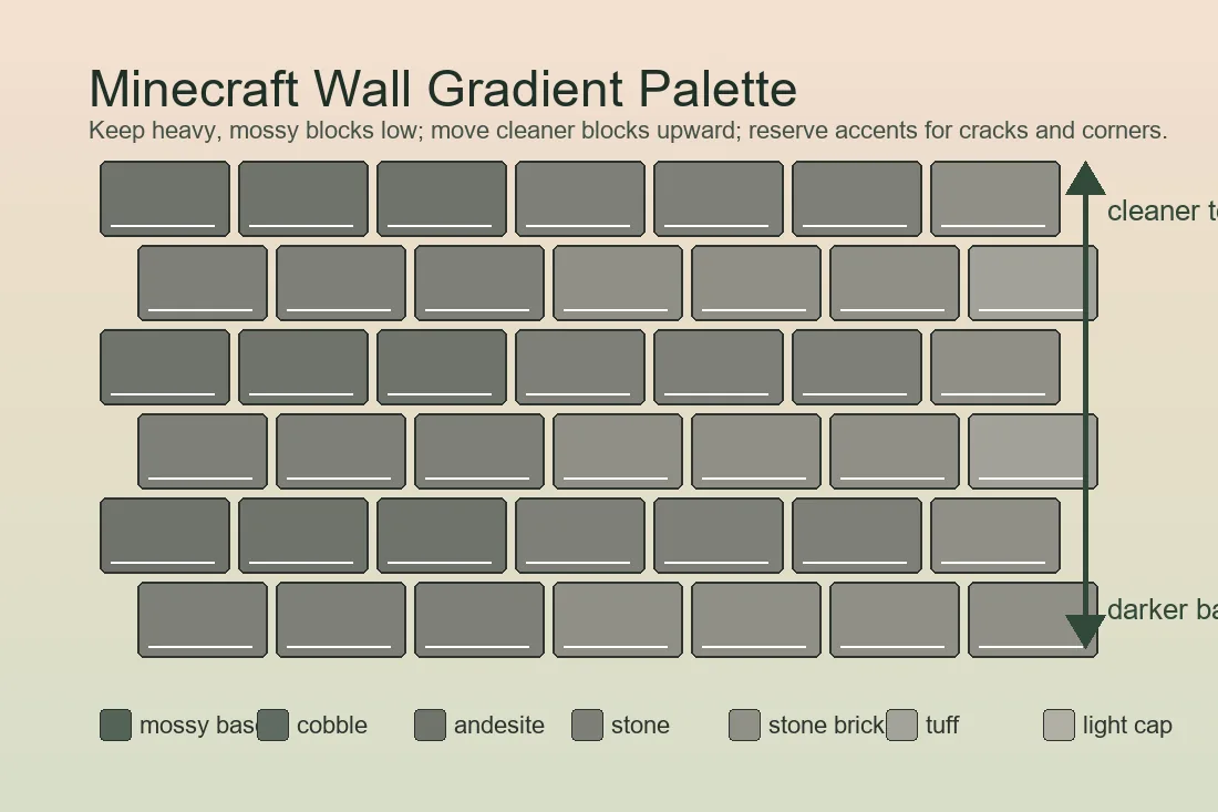 Minecraft wall gradient diagram showing mossy darker blocks at the base and cleaner stone blocks toward the top