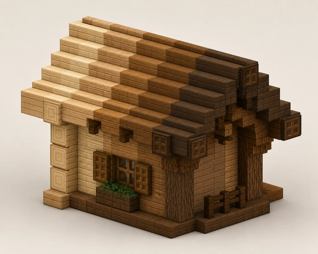 Editorial voxel illustration of a spruce wood gradient moving from pale stripped logs to medium planks and dark wooden accents